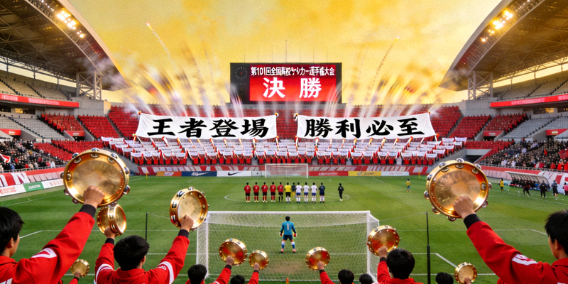 日本高中足球锦标赛决赛现场，看台上整齐划一的助威队伍